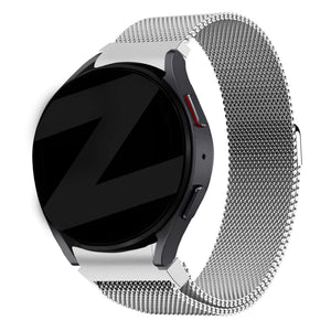 Milanese Loop Strap, silver, on a watch, 3/4 front view