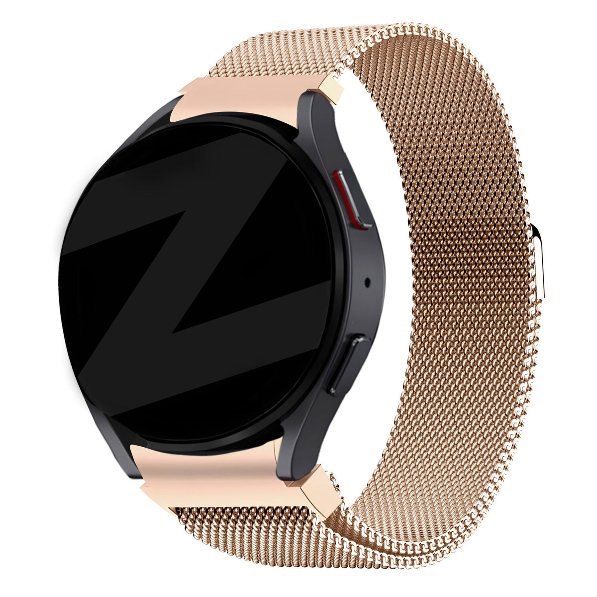 Milanese Loop Strap, rose gold, on a watch, 3/4 front view