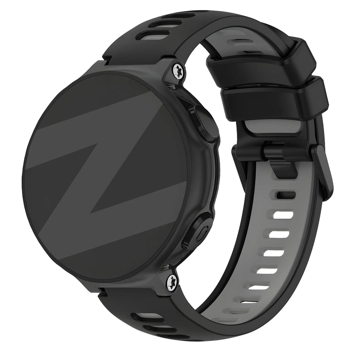 Silicone Buckled Sport Strap, black/grey, on a watch, 3/4 front view