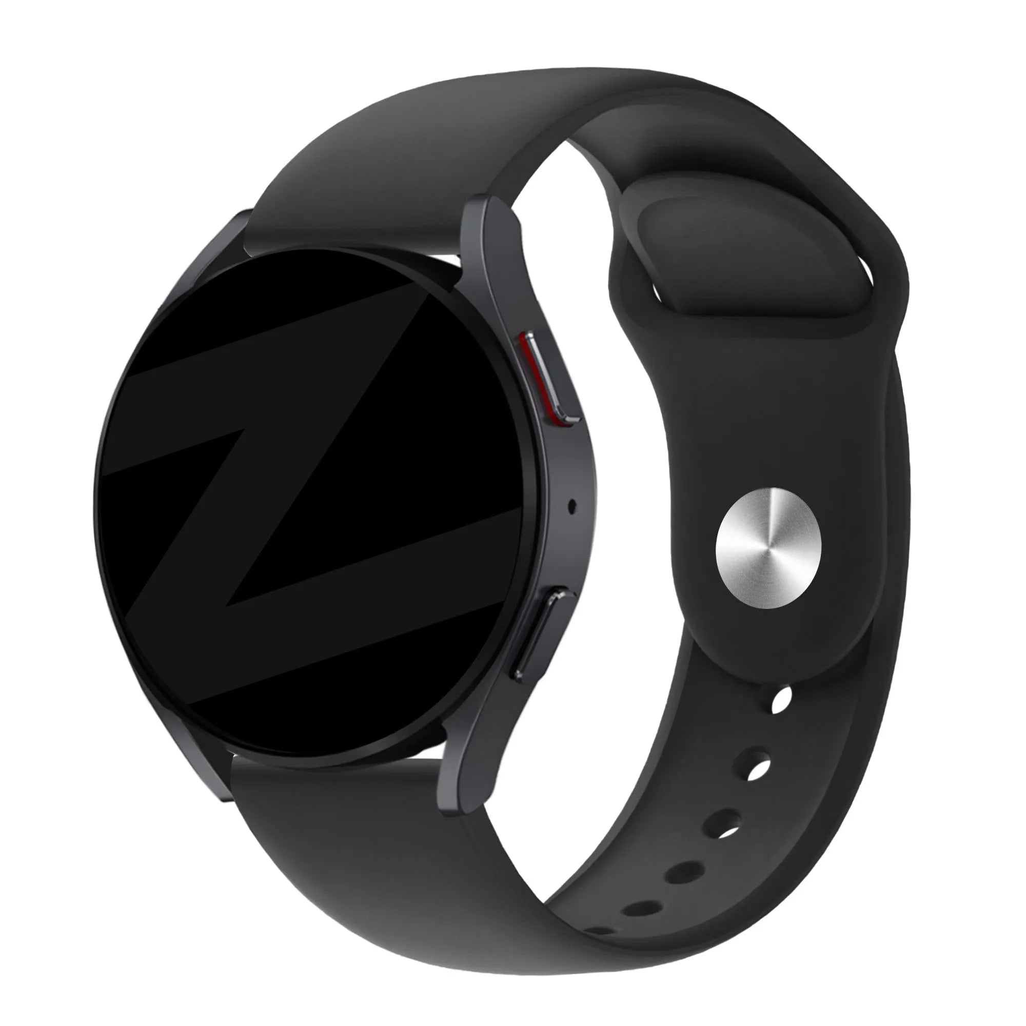 Silicone Sport Strap 'Deluxe', black, on a watch, 3/4 front view