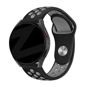 Silicone Sport Strap 'Deluxe', black/grey, on a watch, 3/4 front view
