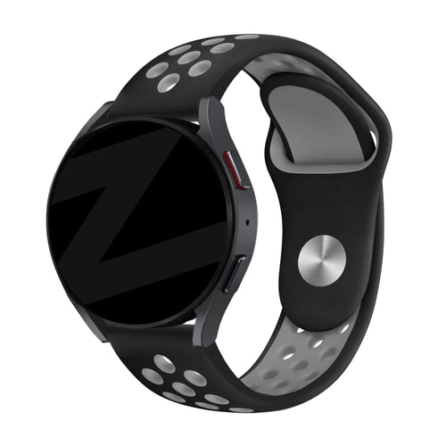 Silicone Sport Strap 'Deluxe', black/grey, on a watch, 3/4 front view