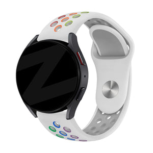 Silicone Sport Strap 'Deluxe', white/colourful, on a watch, 3/4 front view