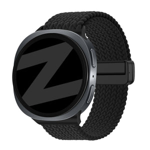 Nylon Braided Strap 'Easy Fit', black, on a watch, 3/4 front view
