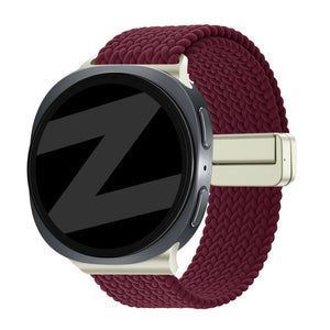 Nylon Braided Strap 'Easy Fit', wine red, on a watch, 3/4 front view