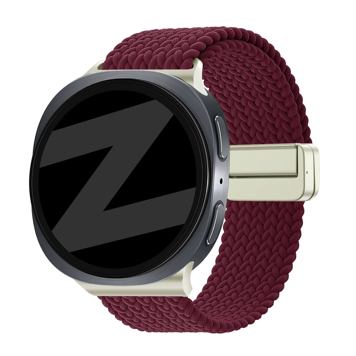 Nylon Braided Strap 'Easy Fit', wine red, on a watch, 3/4 front view