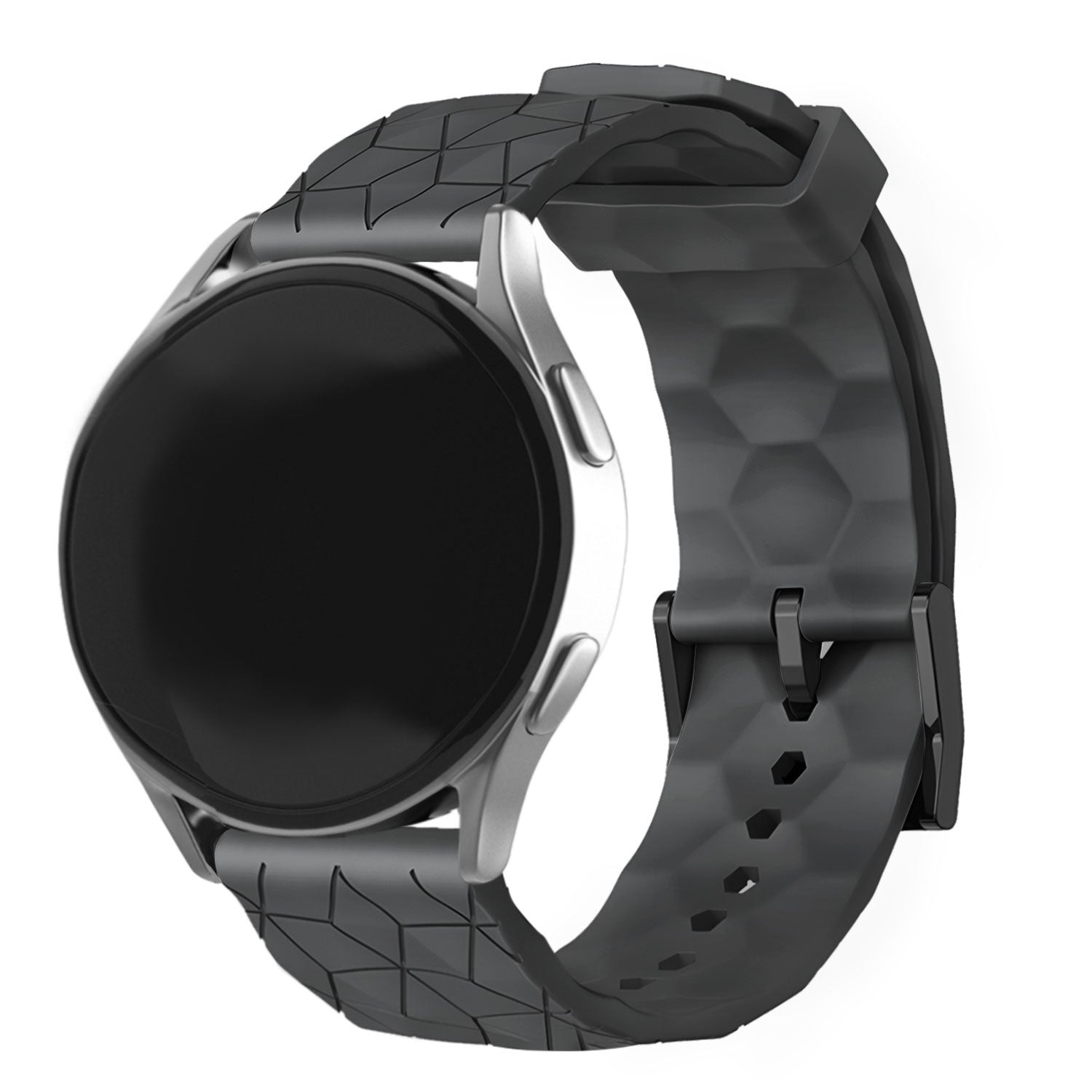 Silicone Strap Hexagons, black, on a watch, 3/4 front view