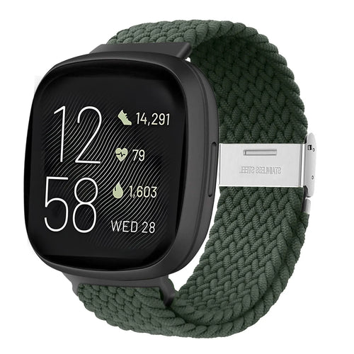Nylon Adjustable Braided Strap, olive green, on a watch, 3/4 front view