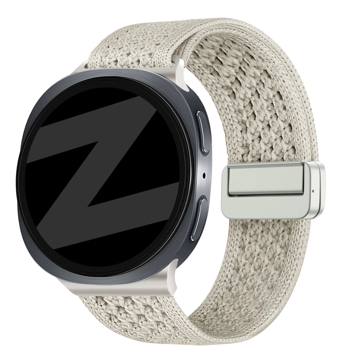 Vintage Nylon Strap, starlight, on a watch, 3/4 front view