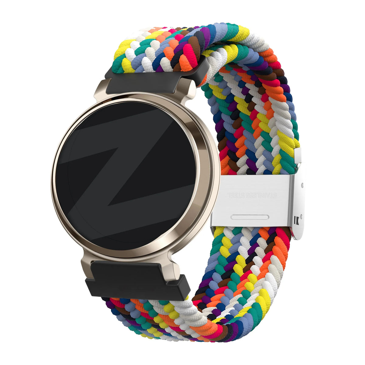 Woven Nylon Strap, rainbow, on a watch, 3/4 front view