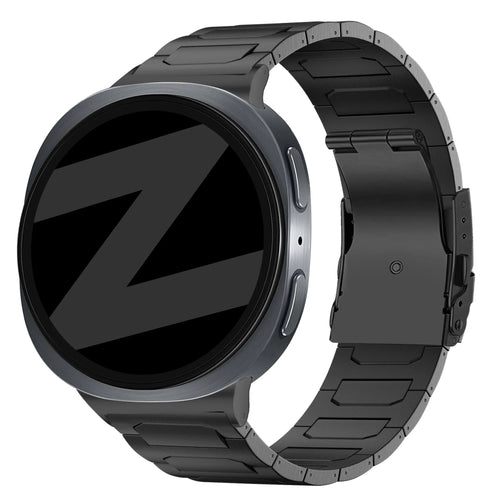 Titanium Strap 'Deluxe', black, on a watch, 3/4 front view