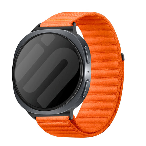 Wave Nylon Strap, orange, on a watch, 3/4 front view