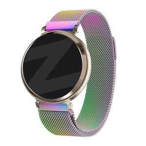 Milanese Loop Strap, rainbow, on a watch, 3/4 front view