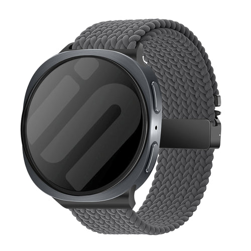 Nylon Braided Strap P-Buckle, dark grey, on a watch, 3/4 front view