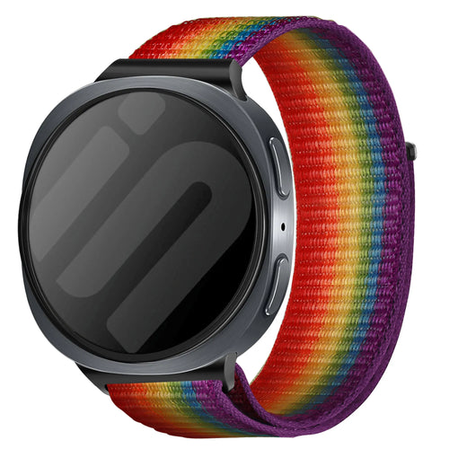 Nylon Strap, rainbow, on a watch, 3/4 front view