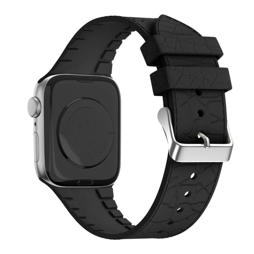 Silicone Strap Leather Pattern, black, on a watch, 3/4 front view