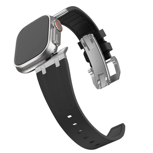 Silicone Strap 'Luxe Liquid', black with silver, on a watch, 3/4 front view