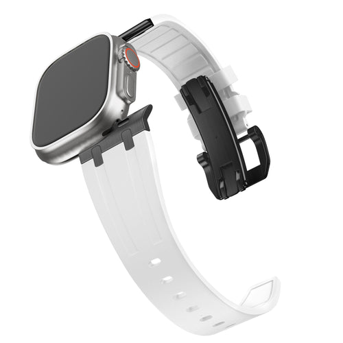 Silicone Strap 'Luxe Liquid', white/black, on a watch, 3/4 front view