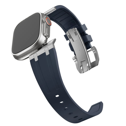 Silicone Strap 'Luxe Liquid', blue/silver, on a watch, 3/4 front view