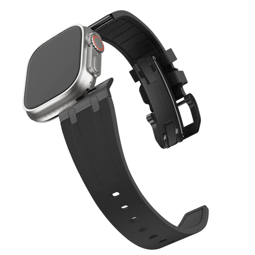 Silicone Strap 'Luxe Liquid', black with black, on a watch, 3/4 front view