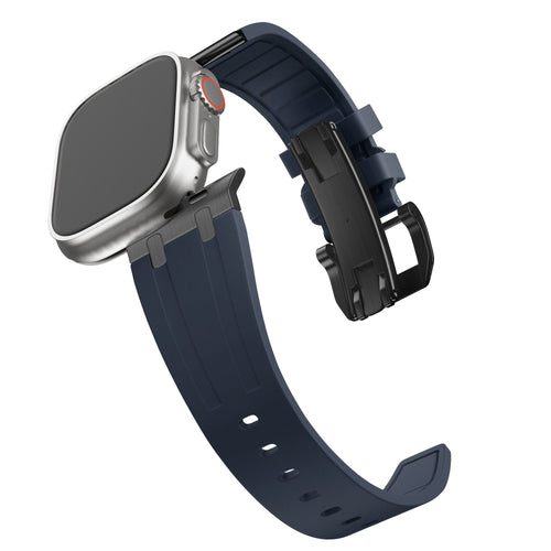 Silicone Strap 'Luxe Liquid', blue/black, on a watch, 3/4 front view