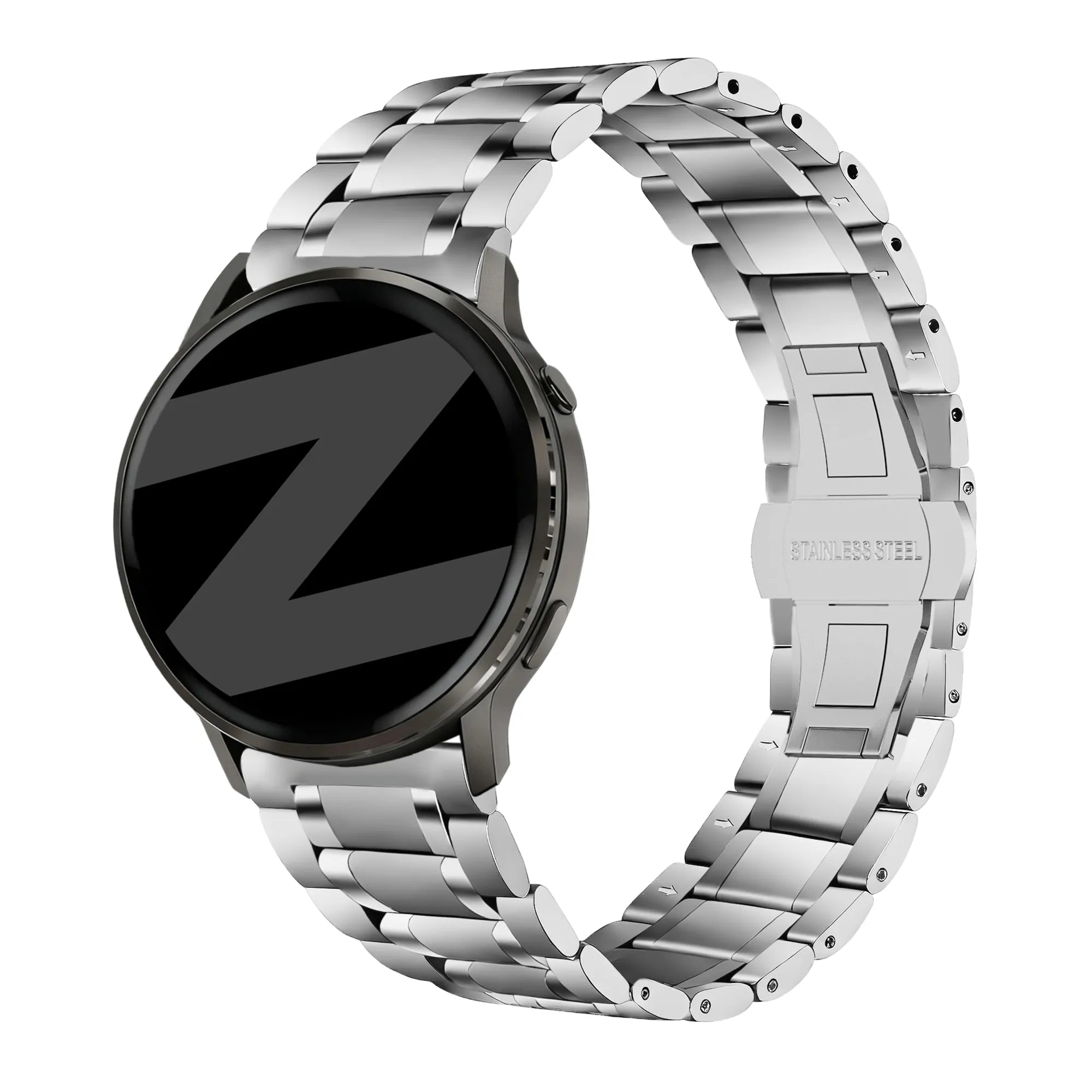 Steel Link Strap 'Deluxe', silver, on a watch, 3/4 front view