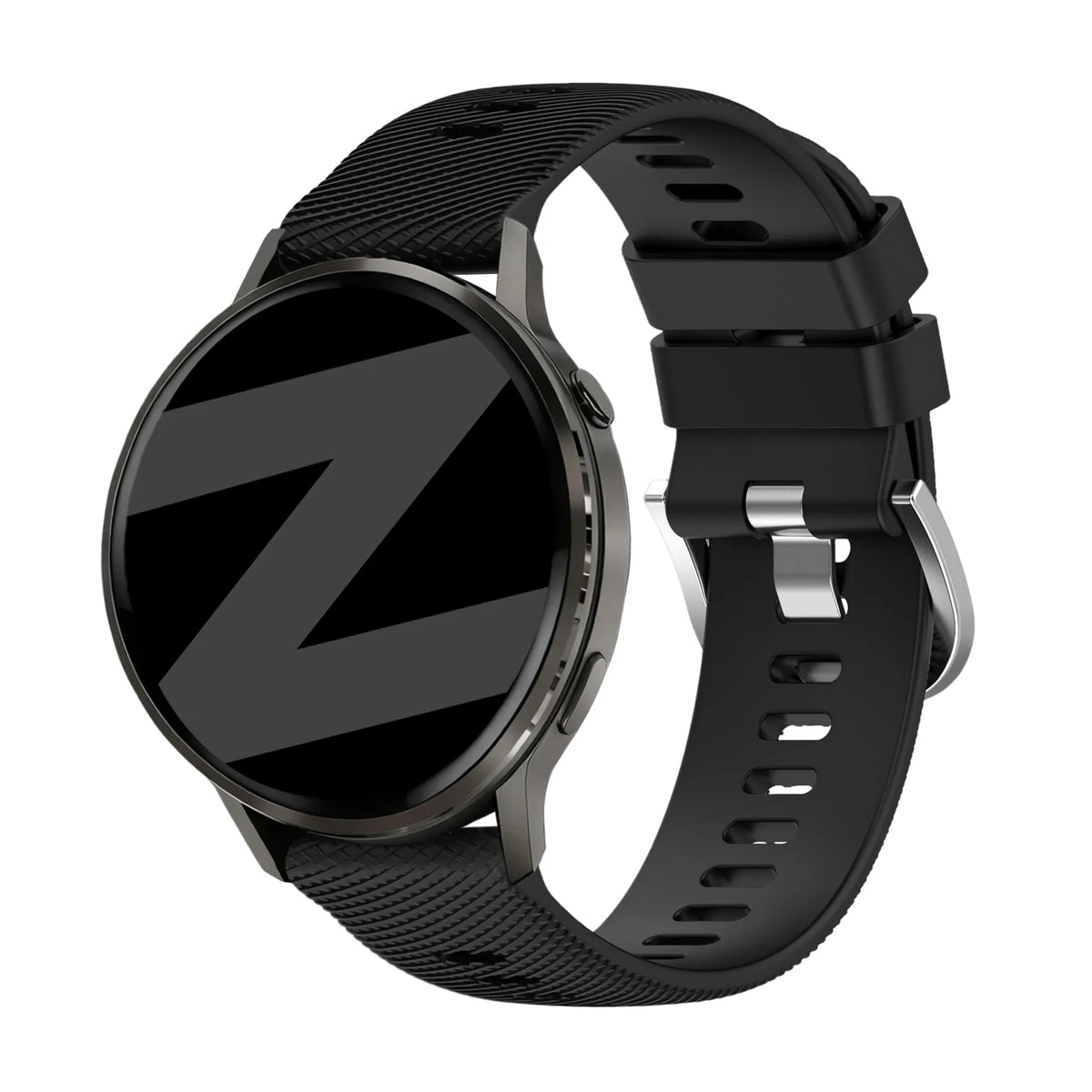 Silicone Strap 'Deluxe', black, on a watch, 3/4 front view