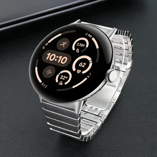 Premium Metal Link Strap, on a watch, 3/4 front view