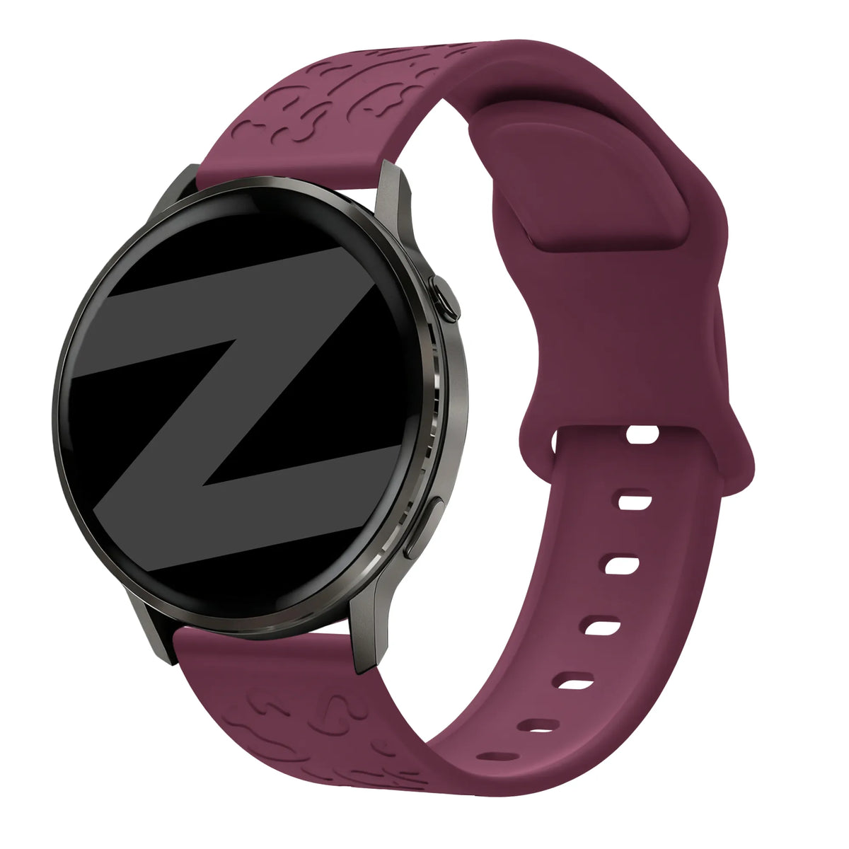 Silicone Strap 'Leopard', wine red, on a watch, 3/4 front view