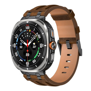 Solid Leather Strap, dark brown, on a watch, 3/4 front view