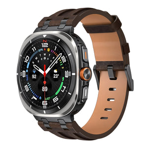 Solid Leather Strap, coffee, on a watch, 3/4 front view