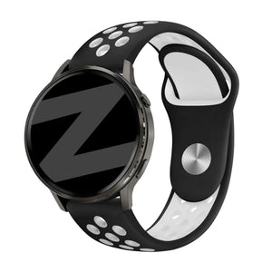 Silicone Sport Strap 'Deluxe', black/white, on a watch, 3/4 front view
