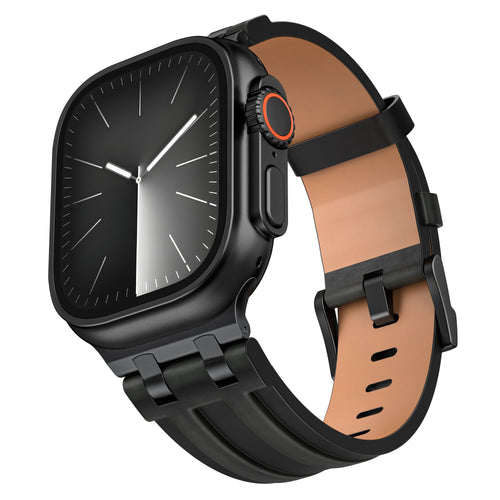 Solid Leather Strap, black, on a watch, 3/4 front view