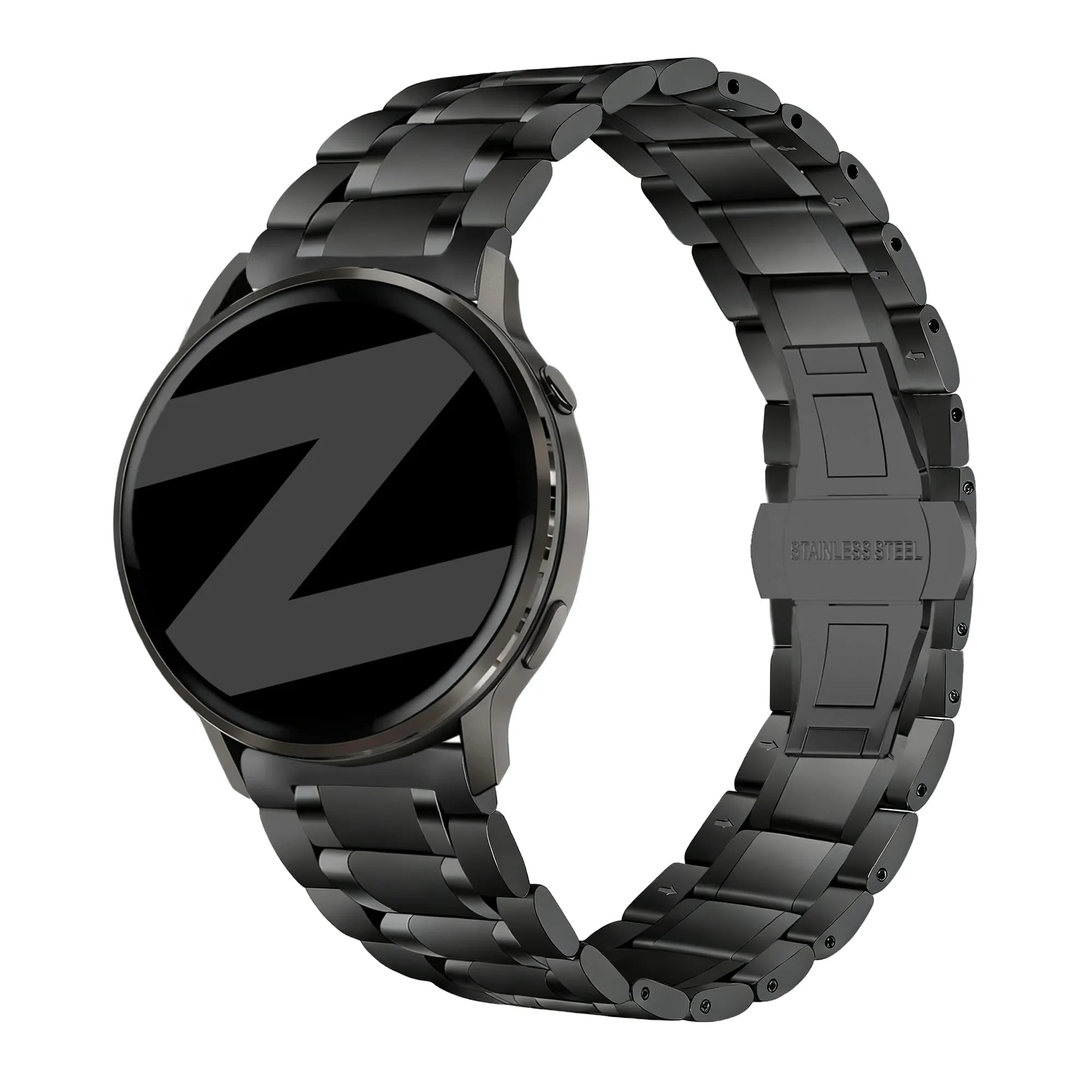 Steel Link Strap 'Deluxe', black, on a watch, 3/4 front view