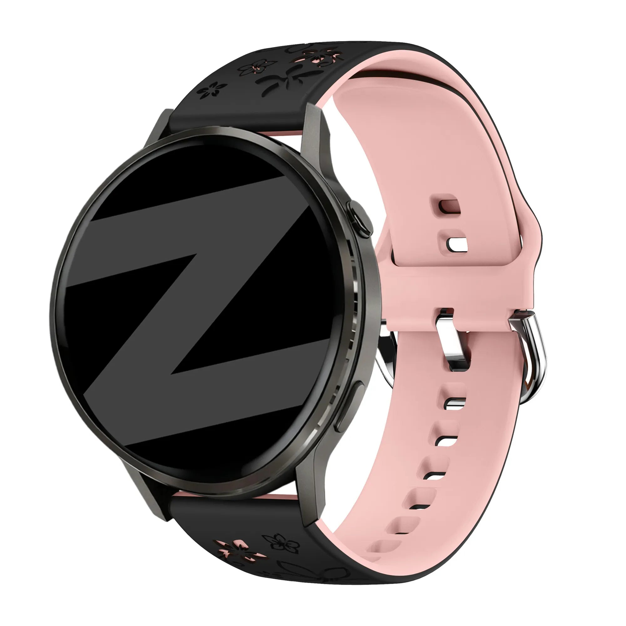 Silicone Strap 'Flowers', black/light pink, on a watch, 3/4 front view