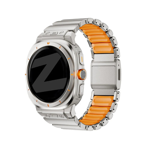 Titanium Strap 'Hybrid', titanium/orange, on a watch, 3/4 front view