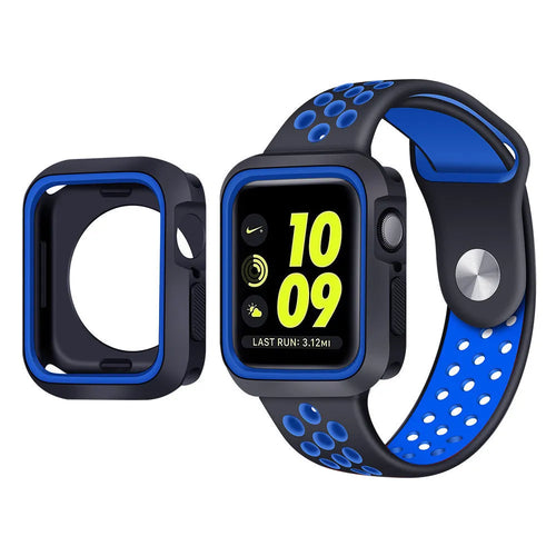 Silicone Sport Strap + TPU Case, black/blue, on a watch, 3/4 front view