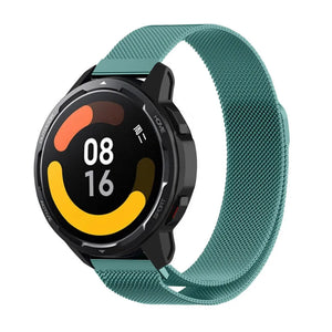 Milanese Strap, green, on a watch, 3/4 front view
