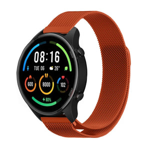 Milanese Strap, orange, on a watch, 3/4 front view