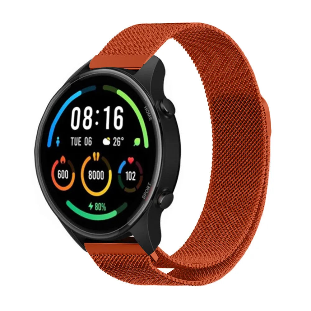 Milanese Strap, orange, on a watch, 3/4 front view