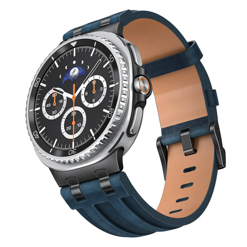 Solid Leather Strap, dark blue, on a watch, 3/4 front view
