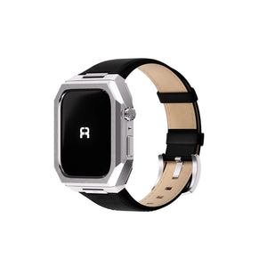 Reqior Apple Watch 45mm metalen case met leren band (zilver/zwart)