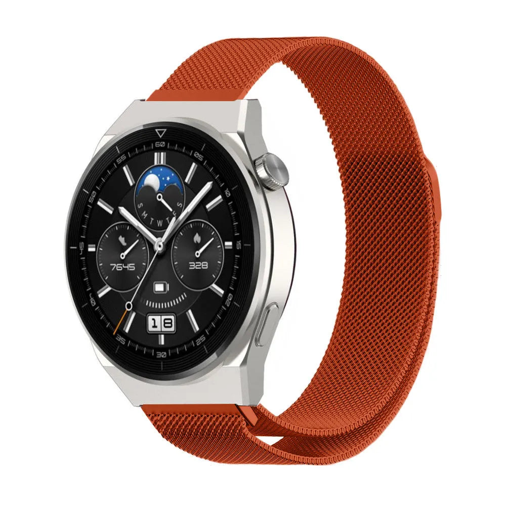 Milanese Strap, orange, on a watch, 3/4 front view