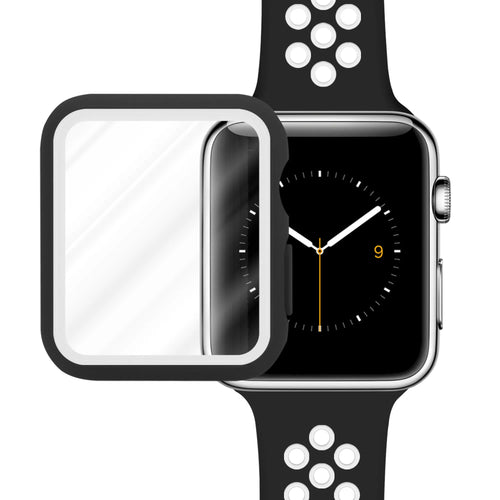 Silicone Sport Strap + TPU Case, white/black, on a watch, 3/4 front view
