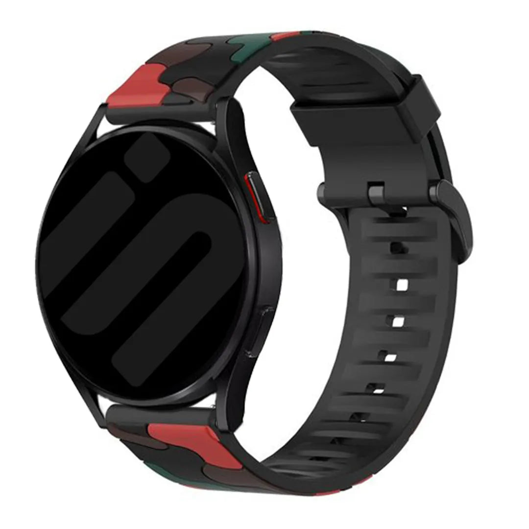 Silicone Camo Strap, red, on a watch, 3/4 front view