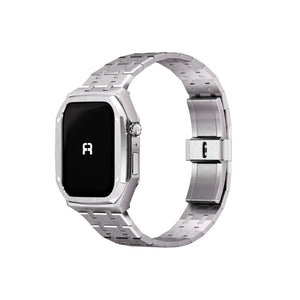 Case with Steel Strap, silver, on a watch, 3/4 front view