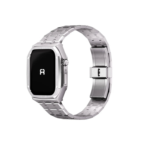 Case with Steel Strap, silver, on a watch, 3/4 front view