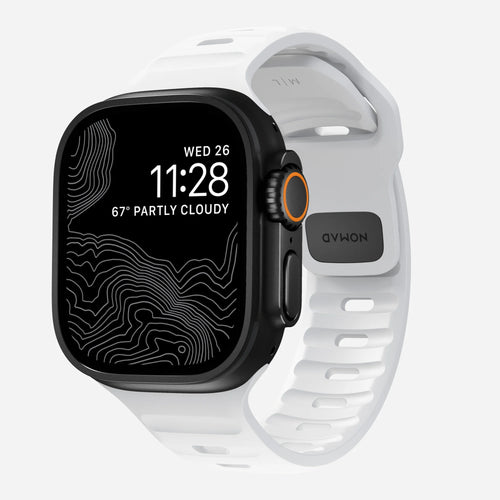 Sport Silicone Strap, white, on a watch, 3/4 front view
