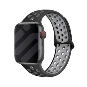 Silicone Sport Strap, black/grey, on a watch, 3/4 front view