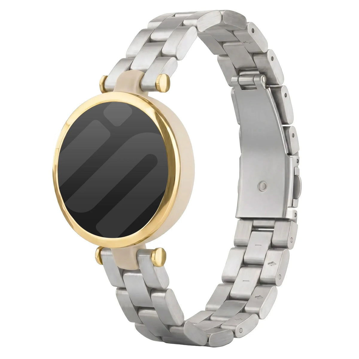 Steel Strap, silver, on a watch, 3/4 front view